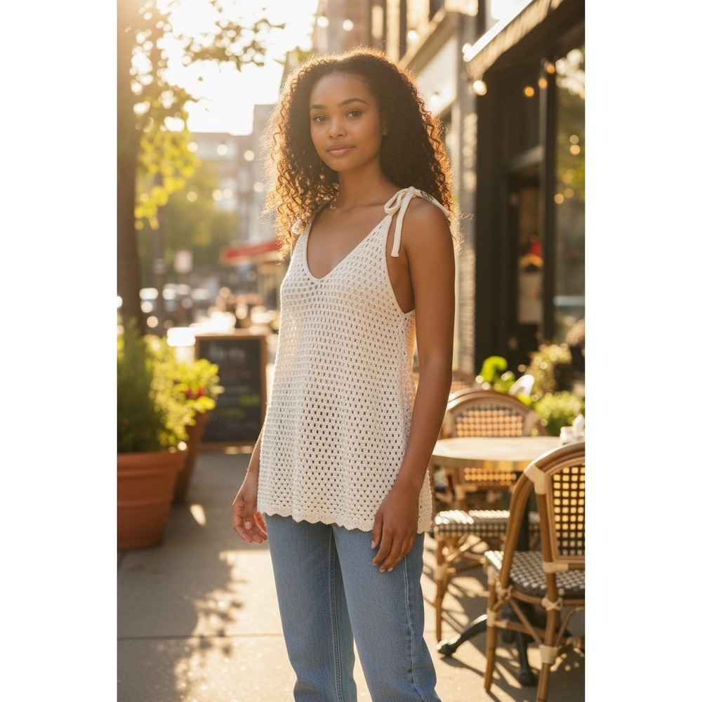 BSUBSEACH Cream Crochet Tie Shoulder Mini Dress Beach Cover Up Small